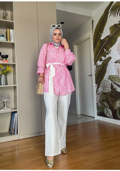 Bahar Pamuklu Gömlek Desenli Krep Pantolon Takım Pembe