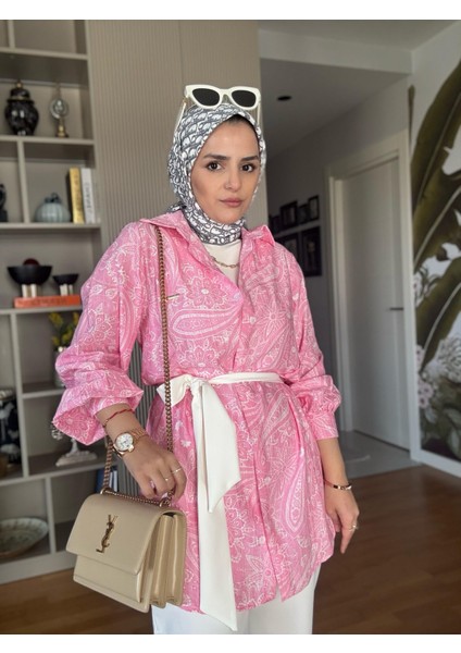 Bahar Pamuklu Gömlek Desenli Krep Pantolon Takım Pembe