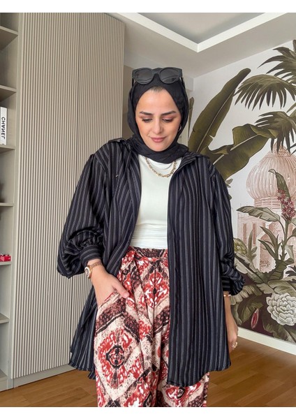 Çizgili Desenli Pamuk Keten Gömlek Takım Siyah