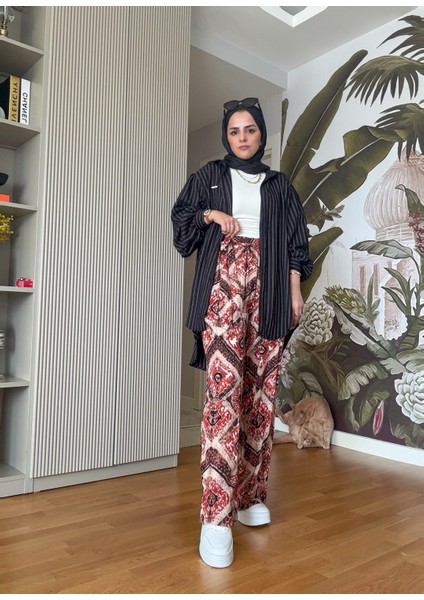 Çizgili Desenli Pamuk Keten Gömlek Takım Siyah