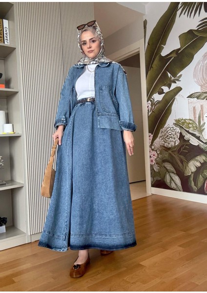 Denim Fermuarlı Çan Etek Takım Açık Mavi