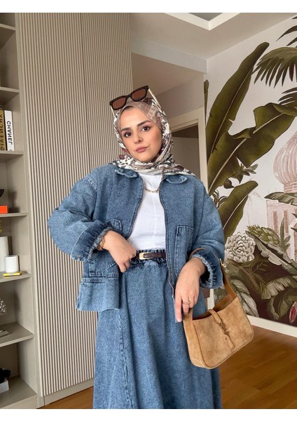 Denim Fermuarlı Çan Etek Takım Açık Mavi