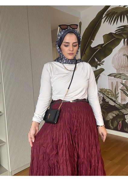 Kırışık Kumaşlı Etekli Takım Bordo-Bej
