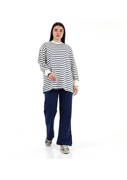 Çizgili Sweat Balon Kol Ikili Spor Takım Lacivert modelleri