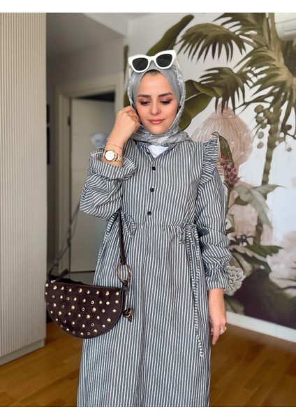 Çizgili Gömlek Elbise Robalı Düğmeli Siyah
