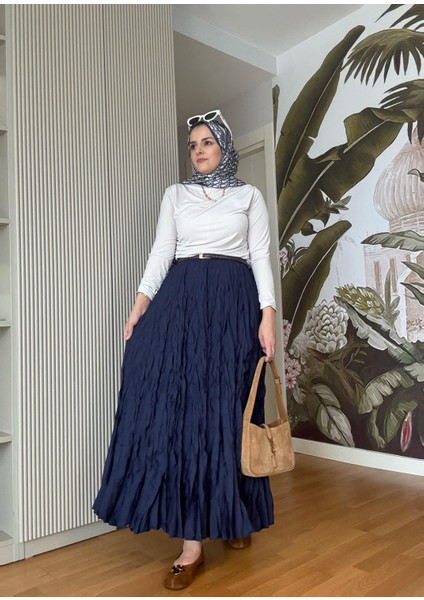 Kırışık Kumaşlı Etekli Takım Lacivert