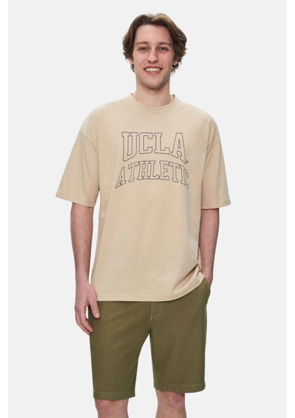 Webster Sütlü Kahve Bisiklet Yaka Baskılı Oversize Erkek Tshirt