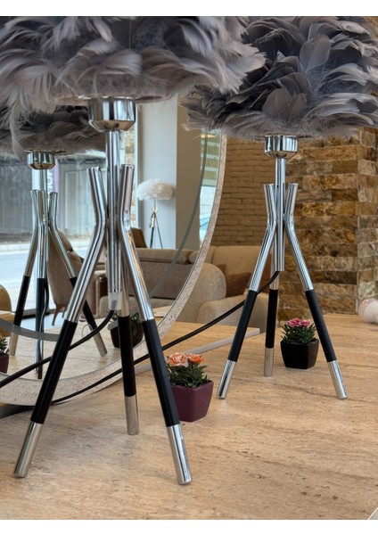 Gerçek Kuş Tüyü Metal Abajur Gri (2 Adet )