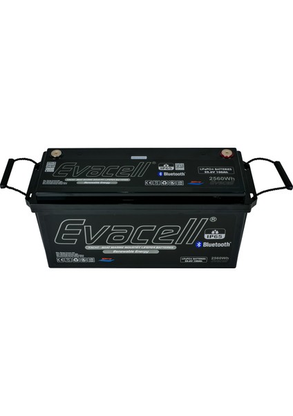 25.6V (24 Volt) 100 Ah Amper LiFePO4 Lityum Demir Fosfat 2560 Wh Akü Bluetooth IP65 Marin Karavan Akü