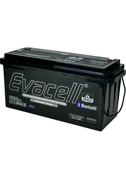 25.6V (24 Volt) 100 Ah Amper LiFePO4 Lityum Demir Fosfat 2560 Wh Akü Bluetooth IP65 Marin Karavan Akü