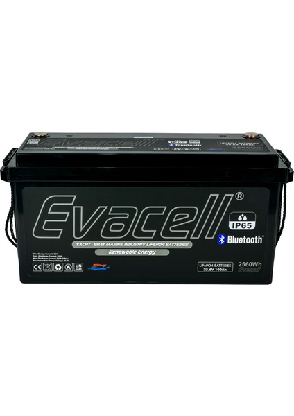 25.6V (24 Volt) 100 Ah Amper LiFePO4 Lityum Demir Fosfat 2560 Wh Akü Bluetooth IP65 Marin Karavan Akü