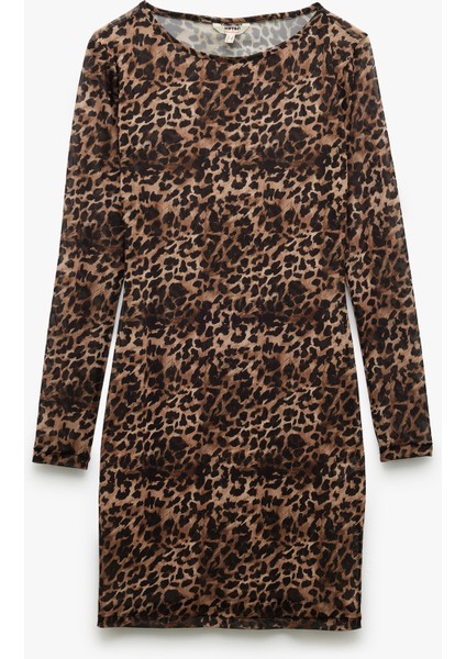 Uzun Kollu Bisiklet Yaka Leopar Desenli Mini Tül Plaj Elbisesi