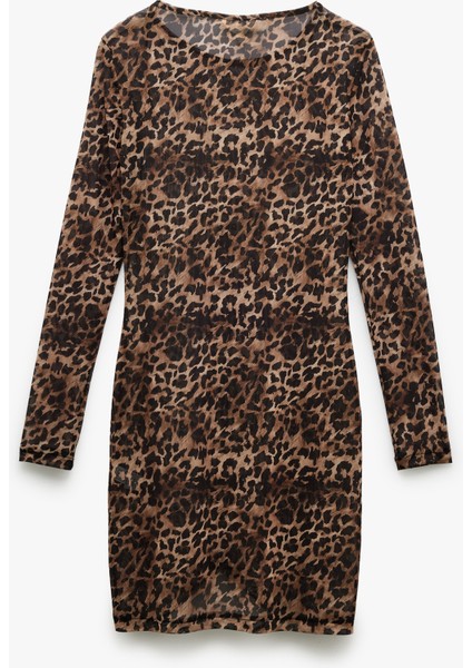 Uzun Kollu Bisiklet Yaka Leopar Desenli Mini Tül Plaj Elbisesi fiyatları