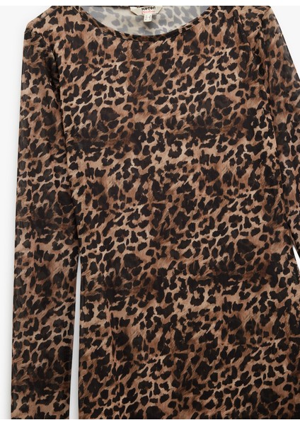 Uzun Kollu Bisiklet Yaka Leopar Desenli Mini Tül Plaj Elbisesi modelleri