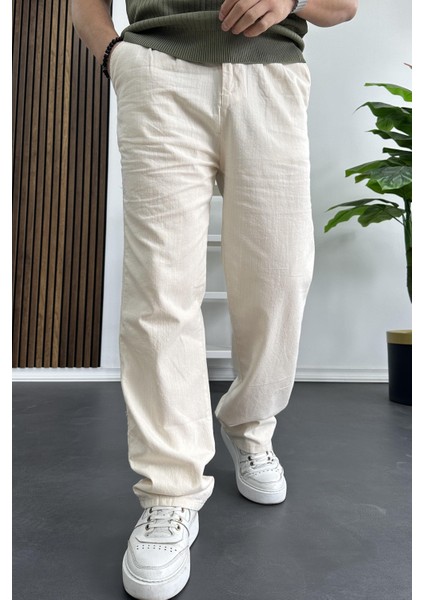 Erkek Rahat Kalıp Keten Pantolon Krem EDW266