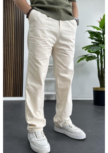 Erkek Rahat Kalıp Keten Pantolon Krem EDW266