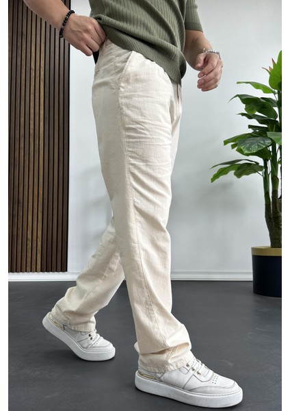 Erkek Rahat Kalıp Keten Pantolon Krem EDW266