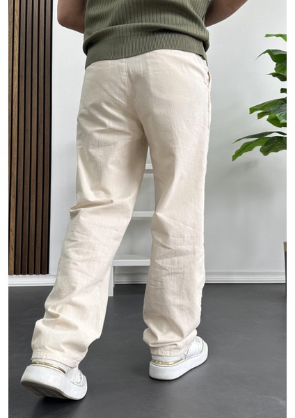 Erkek Rahat Kalıp Keten Pantolon Krem EDW266