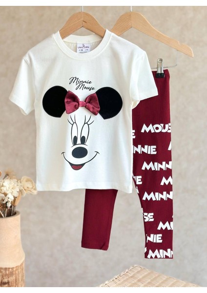 Minnie Mouse Fiyonk Detaylı Kız Çocuk Taytlı Alt Üst Takım modelleri