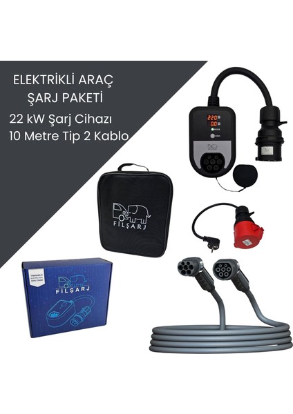 Elektrikli Araç Şarj Paketi (22KW Şarj Cihazı +10 Metre Tip-2 Şarj Kablosu )