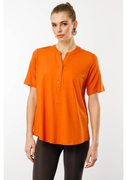 Kadın Yakası Düğmeli Penye T-Shirt Turuncu fırsatları