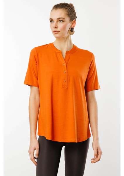 Kadın Yakası Düğmeli Penye T-Shirt Turuncu indirimleri