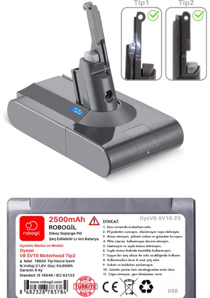 Dyson V8 SV10 Motorhead TIP2 2500MAH Uyumlu Pil Paketi / Bataryası DYSV8-SV10-23 fiyatları