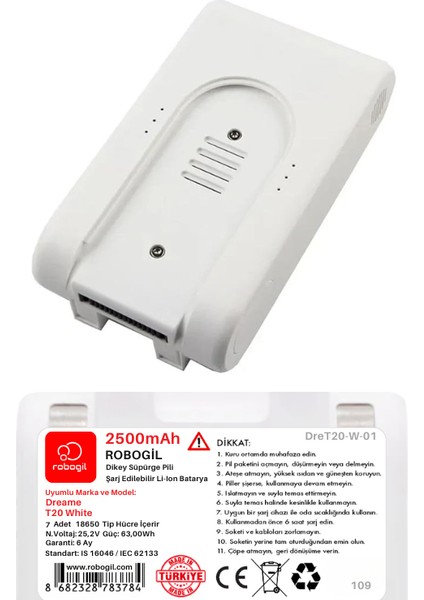 Dreame T20 White Handheld Cordless Vacuum 2500MAH Uyumlu Pil Paketi / Bataryası DRET20-W-01