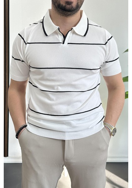 Erkek Açık Yaka Yan Çizgili Tişört Yeşil EDW259