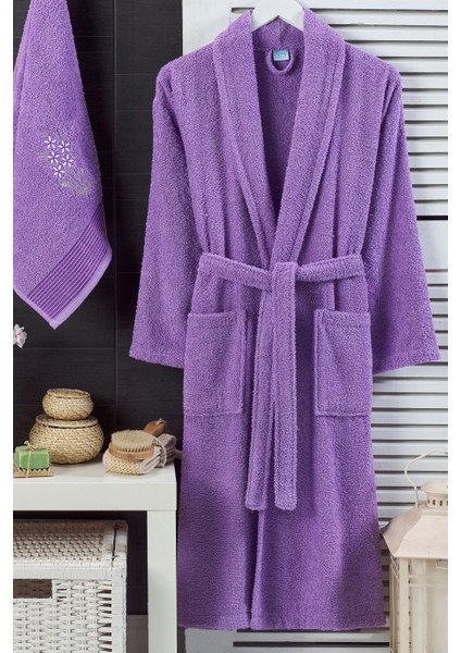 Bornoz - Nakışlı Havlu Seti Cora Lavanta L/XL+45X85CM modelleri