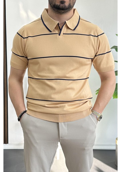 Erkek Açık Yaka Yan Çizgili Tişört Yeşil EDW259