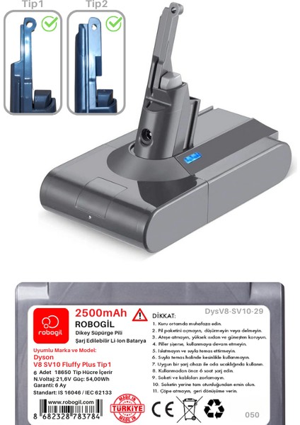 Dyson V8 SV10 Fluffy Plus TIP1 2500MAH Uyumlu Pil Paketi / Bataryası DYSV8-SV10-29