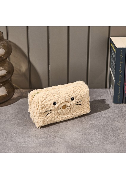 Teddy Desenli Peluş Kalemlik - Bej - 22X12 cm