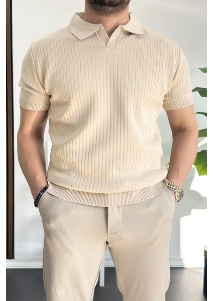 Erkek Açık Yaka Çizgili Desenli Tişört Siyah EDW258