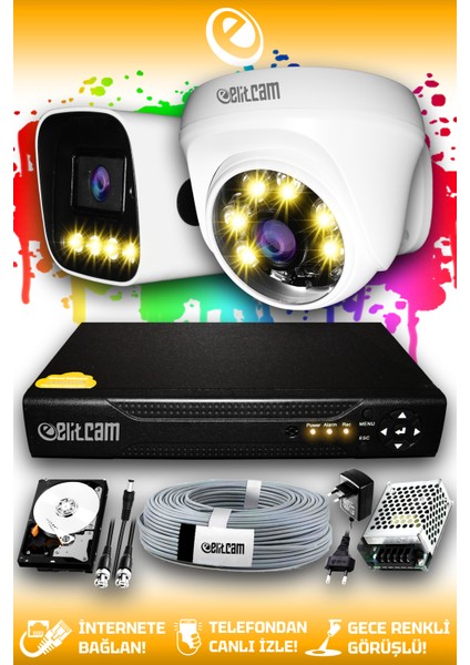 2 Kameralı Zebra 1 Iç Kamera Set 1 Tb HDD Full Hd Renkli Gece Görüşlü Güvenlik Kamerası Sistemi
