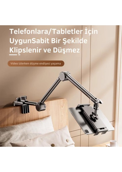 Teleskopic Ayarlanabilir Klipsli Yatak Masa Kenarı Için Tablet Standı Tablet Tutucu 360 Döner Başlık