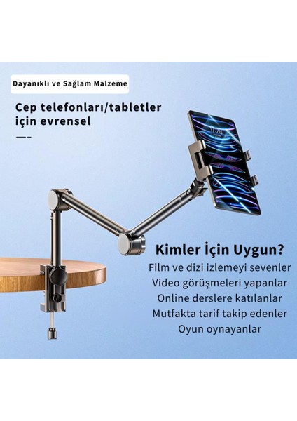 Teleskopic Ayarlanabilir Klipsli Yatak Masa Kenarı Için Tablet Standı Tablet Tutucu 360 Döner Başlık