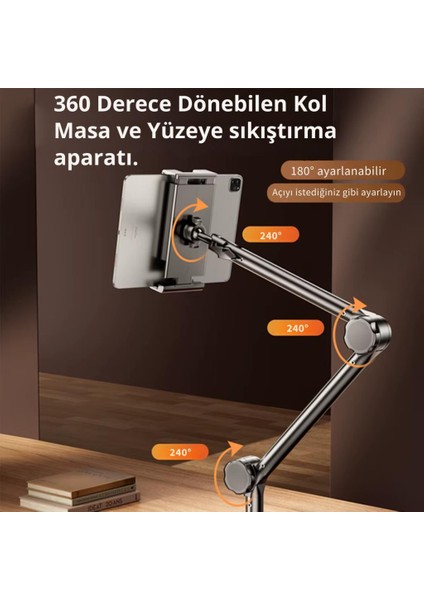 Teleskopic Ayarlanabilir Klipsli Yatak Masa Kenarı Için Tablet Standı Tablet Tutucu 360 Döner Başlık