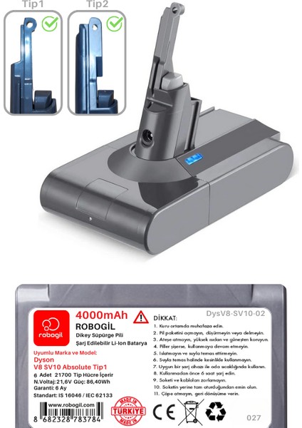 Dyson V8 SV10 Absolute TIP1 4000MAH Uyumlu Pil Paketi / Bataryası DYSV8-SV10-02