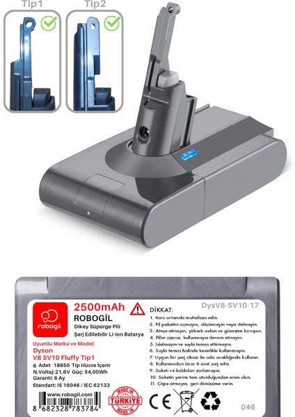 Dyson V8 SV10 Fluffy TIP1 2500MAH Uyumlu Pil Paketi / Bataryası DYSV8-SV10-17