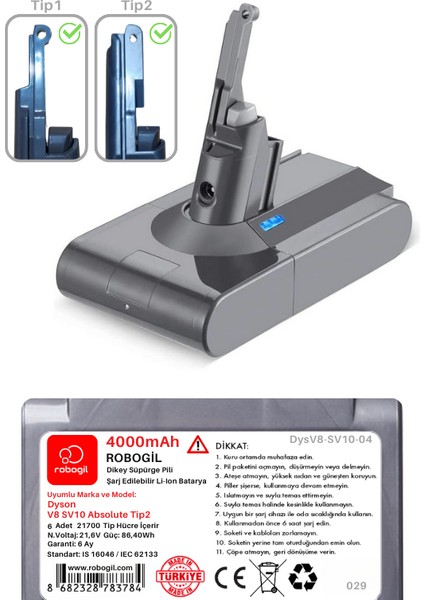 Dyson V8 SV10 Absolute TIP2 4000MAH Uyumlu Pil Paketi / Bataryası DYSV8-SV10-04