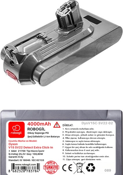 Dyson V15C SV22 Detect Extra CLICK-IN4000MAH Uyumlu Pil Paketi / Bataryası DYSV15C-SV22-02