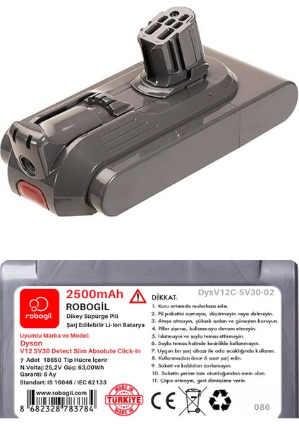 Dyson V12C SV30 Detect Slim Absolute CLICK-IN2500MAH Uyumlu Pil Paketi / Bataryası DYSV12C-SV30-02