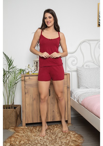 Kadın Bordo Renkli Büstiyerli Dantel Detaylı Şortlu Pijama Takımı 20010 fiyatları