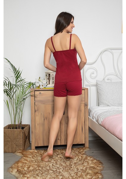Kadın Bordo Renkli Büstiyerli Dantel Detaylı Şortlu Pijama Takımı 20010 modelleri