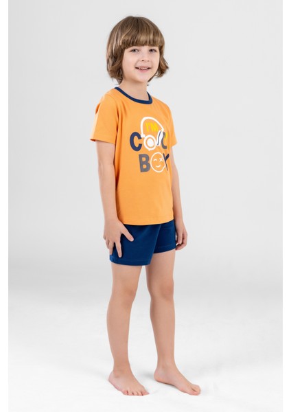 Erkek Çocuk Pamuklu Bisiklet Yaka Yazı Baskılı Kısa Kollu Şortlu Pijama Takımı 9612 Sarı
