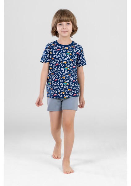 Erkek Çocuk Pamuklu Bisiklet Yaka Rakam Baskılı Kısa Kollu Şortlu Pijama Takımı 9610 Lacivert