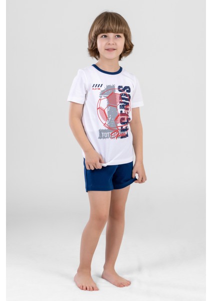 Erkek Çocuk Pamuklu Bisiklet Yaka Baskılı Kısa Kollu Şortlu Pijama Takımı 9614 Beyaz
