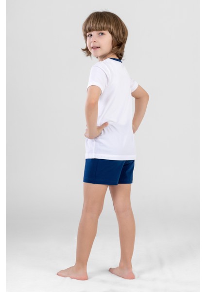 Erkek Çocuk Pamuklu Bisiklet Yaka Baskılı Kısa Kollu Şortlu Pijama Takımı 9614 Beyaz modelleri