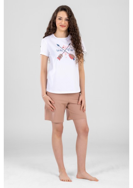 Genç Kız Çocuk Pamuklu Bisiklet Yaka Kısa Kollu Baskılı Şortlu Pijama Takımı 9245 Beyaz modelleri